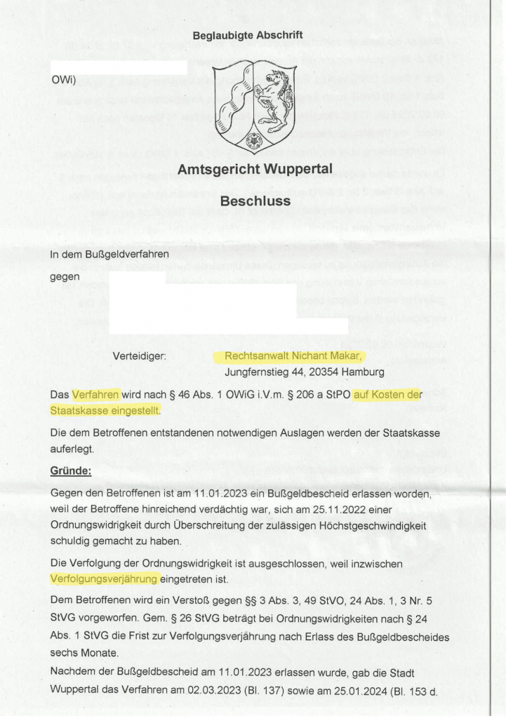 Bußgeldbescheid der Zentralen Bußgeldstelle, Stadtverwaltung Wuppertal, NRW erfolgreich abgewendet.