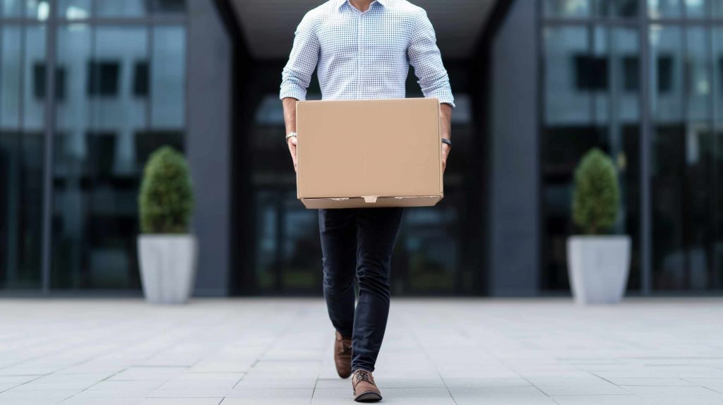 Person in a checkered shirt carries a large cardboard box while walking outdoors in front of a modern office building.
